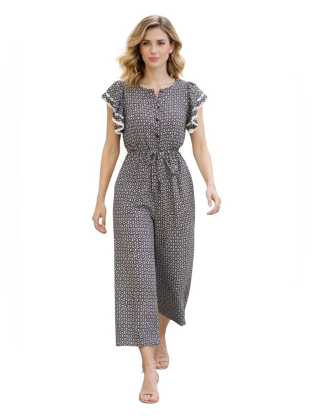 Max Studio Crepe Flutter Sleeve Jumpsuit Boho Wide Leg Black Ivory size xsmall